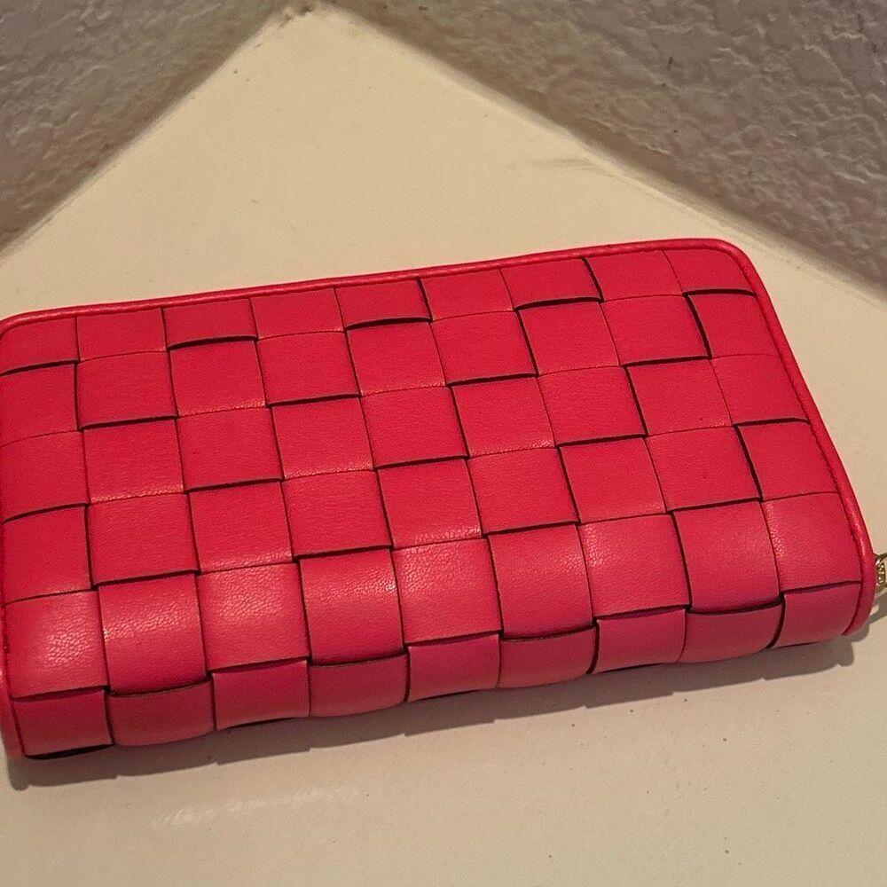 Michael Kors Jet Set Lattice Leather Zip Around Long Wallet Geranium Pink Woven - Picture 8 of 10